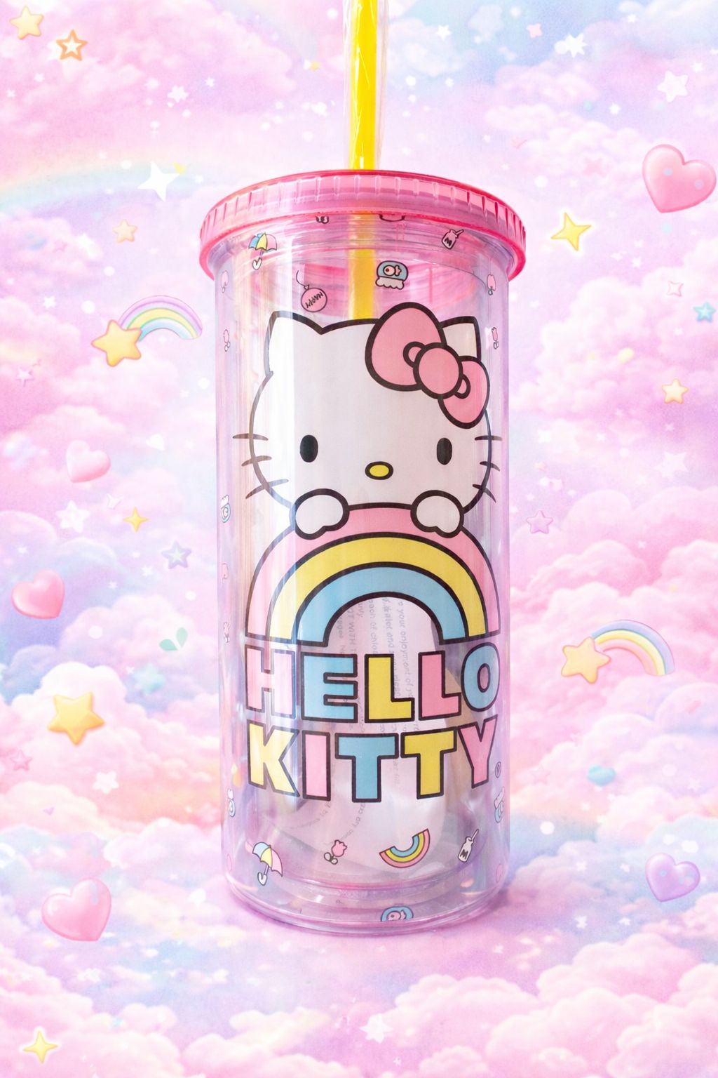 Vaso con tapa y popote Hello Kitty – diseño arcoíris