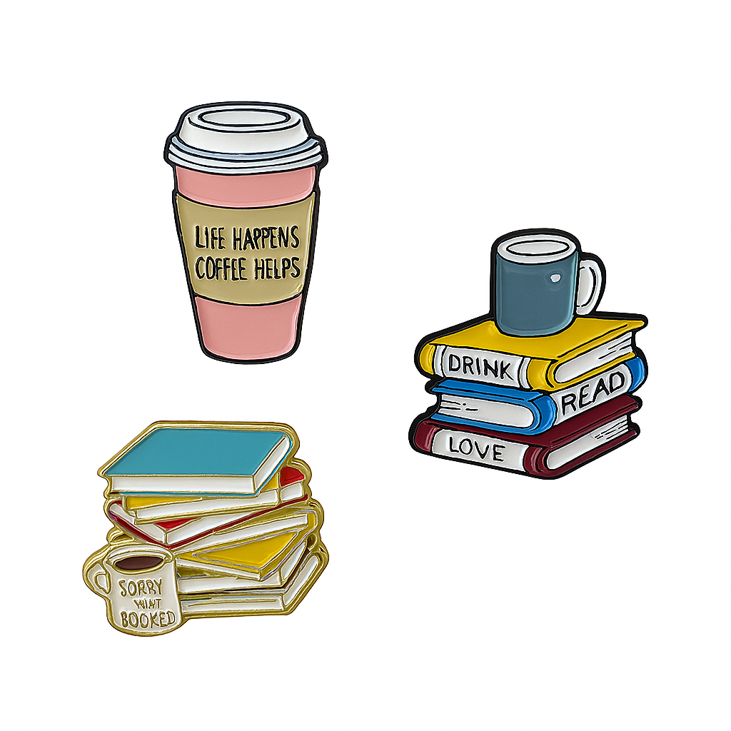 Pack de 3 pines para ropa o bolso: 2 con libros y taza + 1 de café